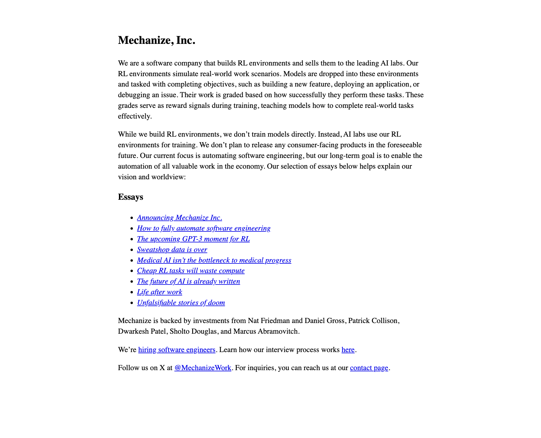 Mechanize company website home page: minimal black serif text on pure white, single column, no navigation or imagery