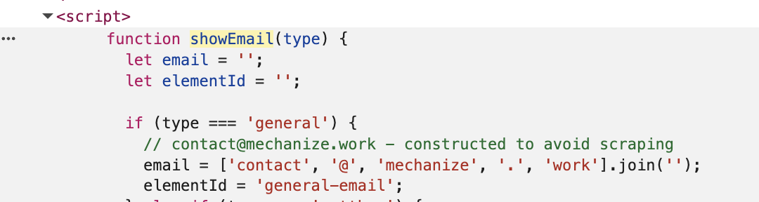 Developer tools view of JavaScript that joins email address fragments for click-to-reveal on Mechanize contact page