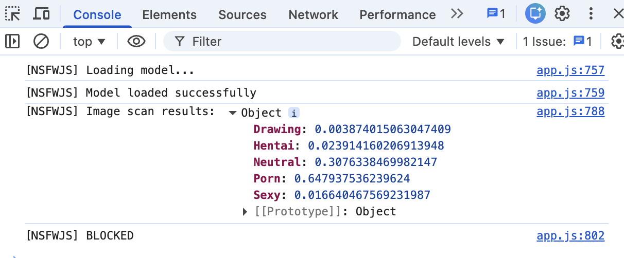 NSFWJS classifier screenshot showing category probability scores for an uploaded image