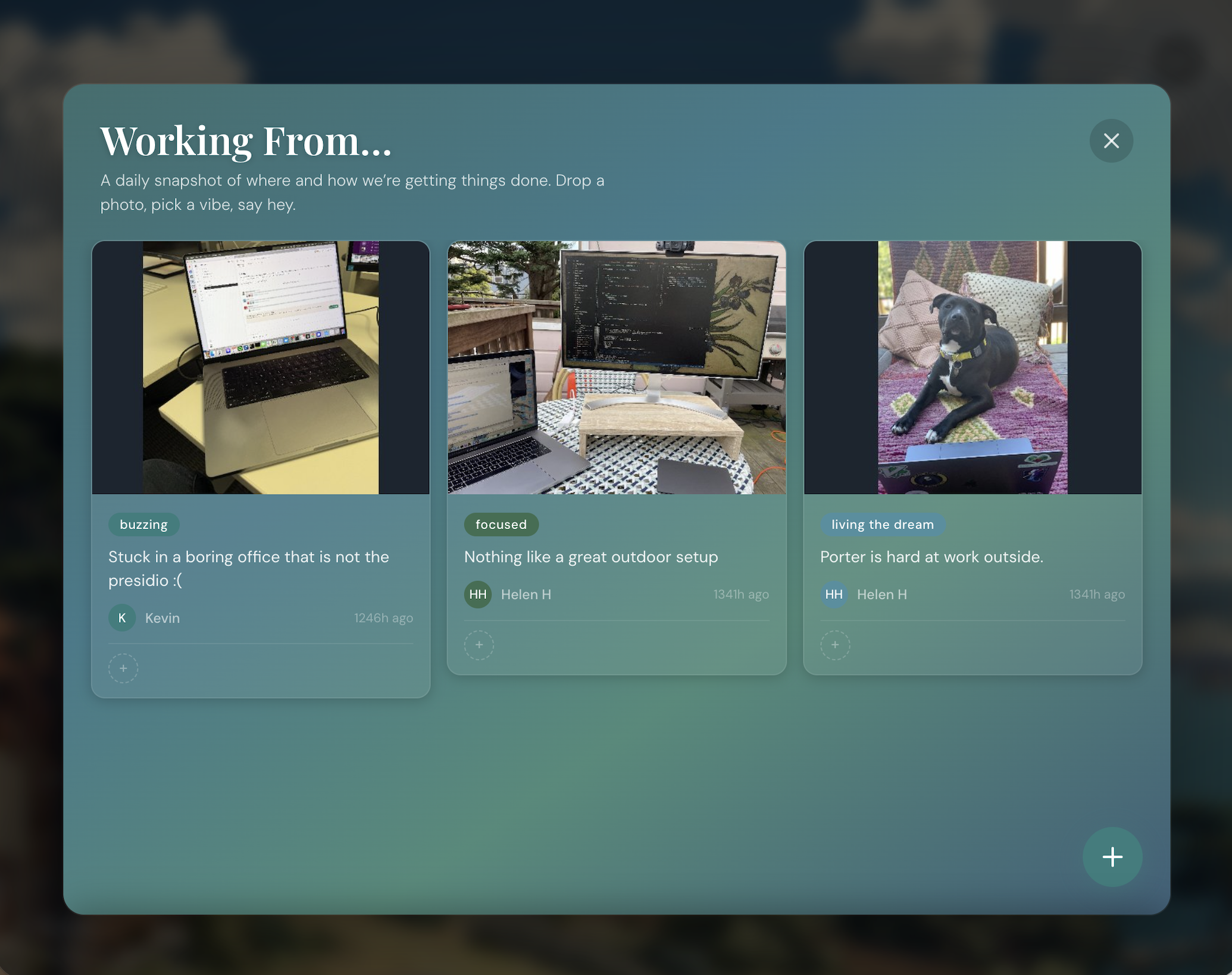 Padlet-style pin board titled Share your work setup with sample photos of desk and outdoor work areas
